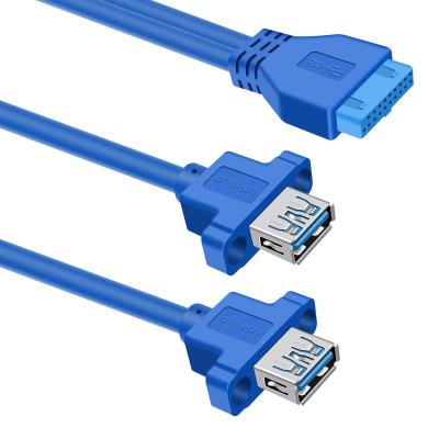 China Motherboard Extension 2 Port Panel Mount USB 3.0 Cable USB A Female to Female 20 Pin Motherboard Header Cable Blue 50CM for sale