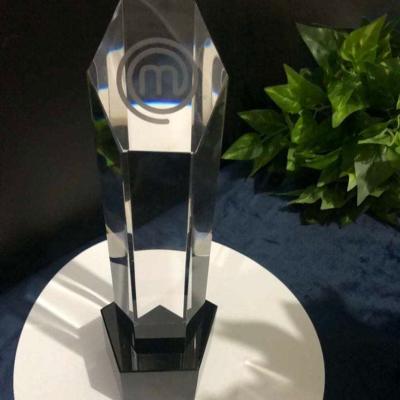 China Health care institute glass trophy FH-00672 award crystal plaque with black base crystal trophy en venta