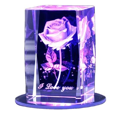 China Europe Wedding Gifts Led Light Glass Crystal Cube Rose 3D Laser Engraved Crystal Blank With Base Crystal Cube for sale