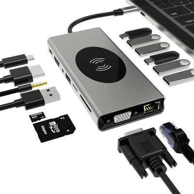 China 15 Port Type C USB Adapter 15 In 1 Type-C Hub Multiport Dock Station With 4KHDMI VGA RJ45 Gigabit SD TF USB-C PD Wireless Charging Adapter For the Macbook Pro for sale