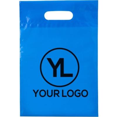 China Handle safety die cut plastic bag with fold over to reinforce handle for sale