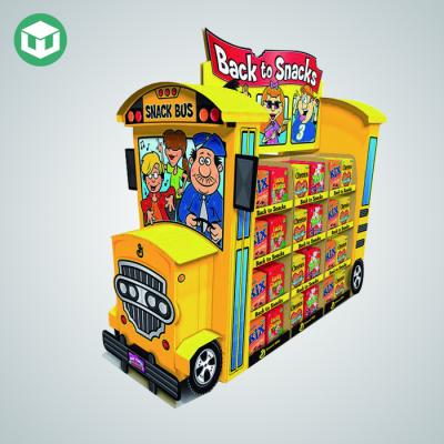 China Walmart Cardboard Back To School Bus Shaped Cardboard Display For Snacks Promotion for sale