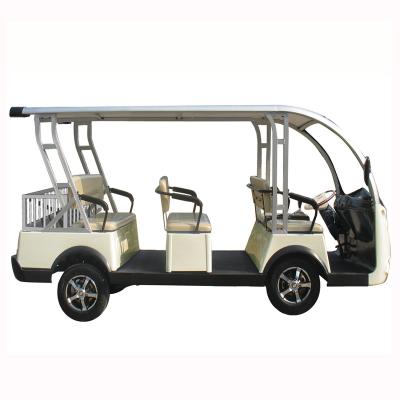 China Welded High Tensile Steel + PP Engineering Plastics 8 Seater Electric Golf Car Sightseeing Bus Trolley Without Doors 72V AC System for sale