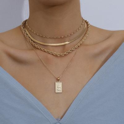 China High Polished Geometric Retro Portrait Jewelry August Abstract Multilayer Wind Twist Clavicle Chain Blade Metal Necklace for sale