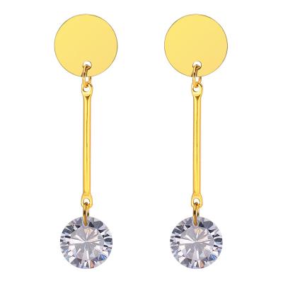 China August Jewelry High Shiny Polished Steel Titanium Zircon Simple Stud Earrings Round Long Earrings Fashion Ladies Hypoallergenic Earrings for sale