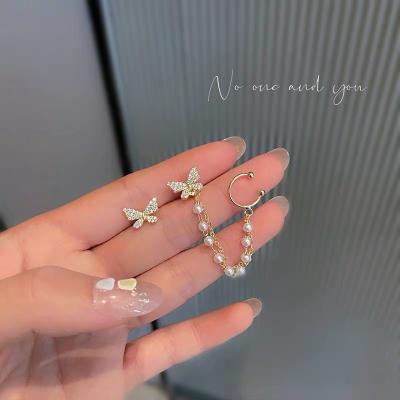 China Wholesale Hot-Selling Shiny Polished High Jewelry French Zircon Butterfly Pearl Chain Tassel Ear Bone Clip Earrings Retro August for sale