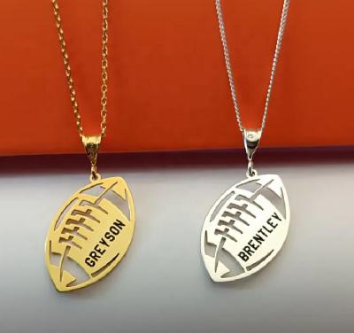 China Fashion Sporty Style Stainless Steel American Football Cutout Pendant Necklace Custom Engraved Name 18 k Gold Children's Gift Necklace for sale