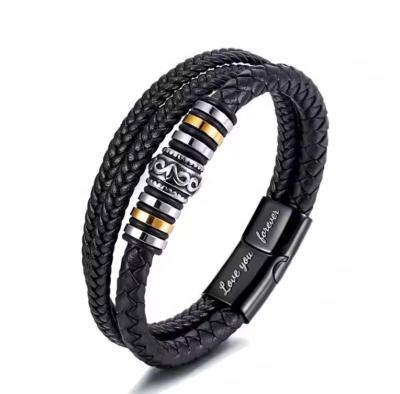 China CLASSIC Fashion Stainless Steel Black Silver Magnetic Buckle Engravable Logo Hand Woven Rope Bracelet Multilayer Unisex for sale