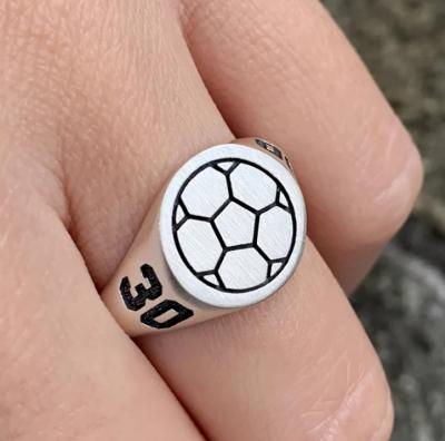 China Fashion Sport Style Stainless Steel Football Graphic Signet Ring Custom Personalized Digital Engraved Greased Black Hipster Men's Ring for sale