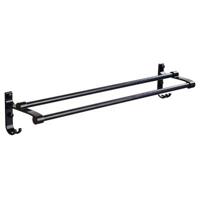 China Modern Space Bathroom Accessories 40/50/60/70cm Aluminum Folding Double Bar Black Towel Rack Storage Rail Free Punching Shelf for sale