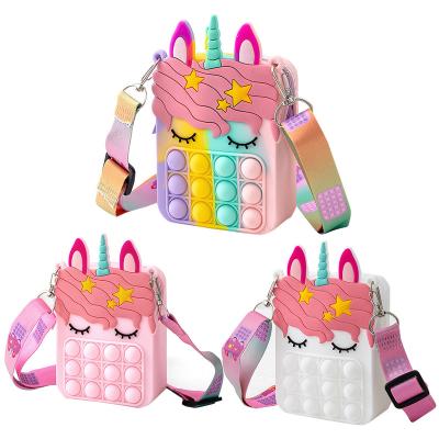 China 2022 New Pioneer Waterproof Children's Satchel Unicorn Crown Decompression Puzzle Bubble Music Silicone Shoulder Bag for sale