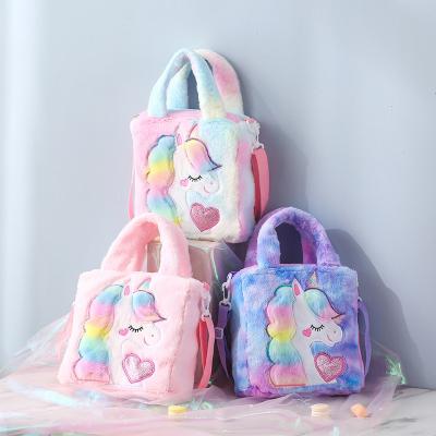 China Unicorn Plush Shoulder Bags Cartoon Waterproof Storage Children Kids Invent Purse Winter Plush Stuffed Wallets Pink Purple Cross - Body Bag for sale