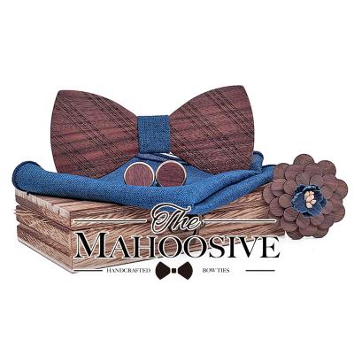 China MULTILAYER Stipe Wooden Bow Tie Silk Handkerchief Cufflink Brooch Set for Men's Novelty Wedding Accessories Links and Box for sale