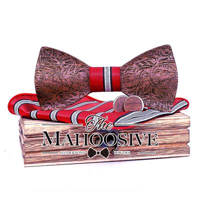 China New Design MULTILAYER 3D Paisley Engraving Wood Engraved Bow Ties Butterfly Scarves Sets Men Business Wedding Tie Suit Formal Dress for sale