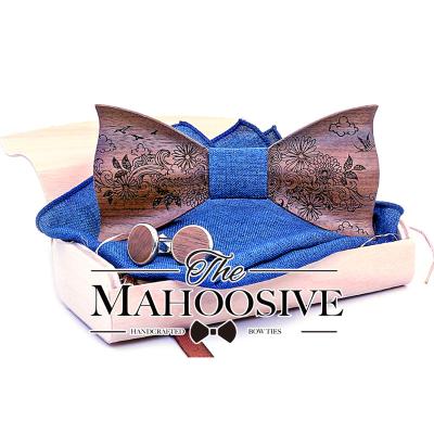 China 3D MULTILAYER Wooden Bowtie Handkerchief Cufflinks Sets for Men's Suit Bowtie Bowknots Wedding Party Cotton Engraving Wood Scarf for sale