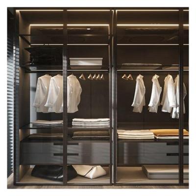 China Adjustable Aluminum Door Black Glass Wardrobe for Apartment Bedroom Closet Furniture for sale