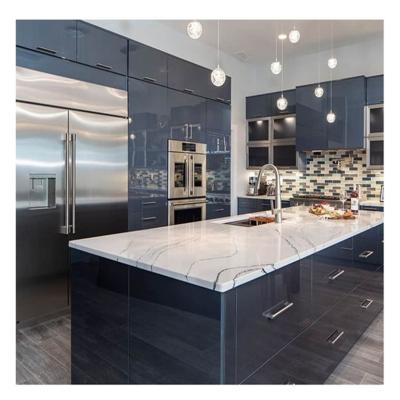 China Modernize Your Kitchen with Customizable Dark Blue Acrylic Finish Solid Wood Cabinets for sale