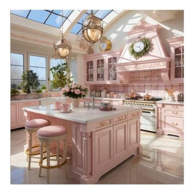 China Ready to Assemble Modern Pink Lacquer Kitchen Cabinet Set with Quartz Stone Countertop for sale