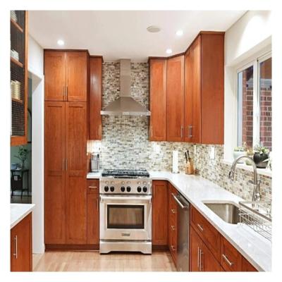 China Dark Wood Grain PVC Membrane Panels Solid Wood Kitchen Cabinets with Plywood Carcase for sale