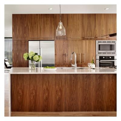 China Customized Solid Wood Kitchen Cabinets with Dark Clear Wood Grain Glossy Veneer Doors for sale