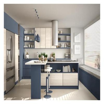 China Stylish CLASSIC Style Blue Lacquered Solid Wood Kitchen Cabinets with Drawer Basket for sale