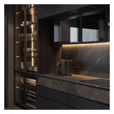 China High End Customised Glass Panel Dark Lacquered Plywood Kitchen Cabinets With Plywood Door for sale