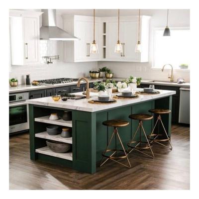 China Perfect Match Shaker Style Green Paint Finish Solid Wood Cabinets and Quartz Countertops for sale