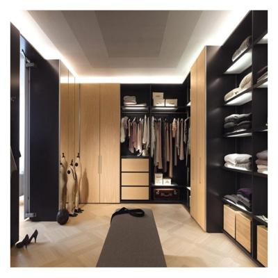 China Leisure Facilities Modern Glass Panel Solid Wood Walk In Wardrobe with Lighting Design for sale