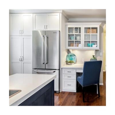 China European Island Design White Shaker Kitchen Cabinets with Quartz Stone Countertop and Sink for sale