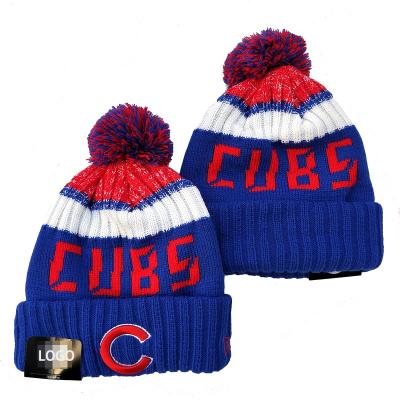 China COMMON Logo Yankee Socks Cuffed Baseball Beanies Classical Pom Pom Winter Beanie Hat Dodger Jacquard Knit Baseball Caps for sale