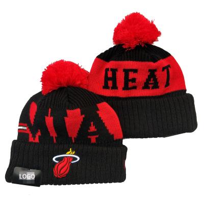 China Miami COMMUN Laker Fans Beanie Hats Best Quality Cuffed Beanies With Jacquard Logo Pom Pom Knitted Basketball Caps for sale