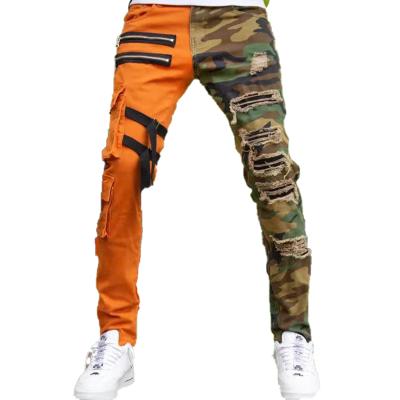 China Breathable Hip Hop Style Ripped Jeans For Men Skinny Stacked Denim Pants Camouflage Patchwork Cargo Jeans for sale