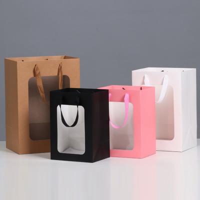 China Brand Recyclable Logo Printing Kraft Recyclable Flower Wholesale Custom Shopping Gift Handles Paper Bags With Clear Window for sale