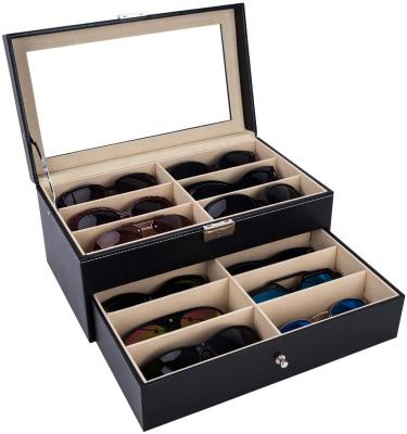 China Fashion Glass Case Black PU Leather 12 Piece Glasses Storage Sunglass Glasses Show Lockable Drawer Case Organizer for sale