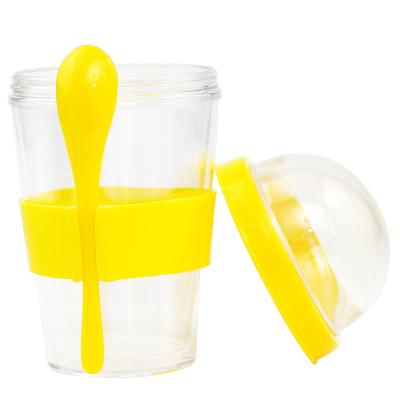 China Hot Sale PP+PSA Plastic Storage Container Yogurt Plastic Cereal Breakfast Cup On Match Spoon And Silicone Holder for sale