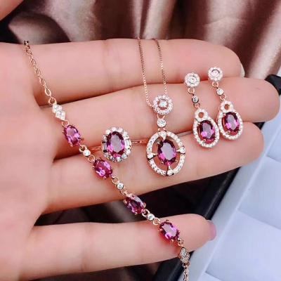 China FASHIONABLE Real CZ Korean Red Handmade Famous Women Sapphire Fashion Earring Silver Jewelry Sets Manufacturer for sale