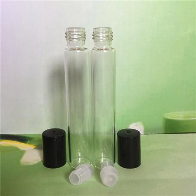 China Clear 16*90MM Personal Care 10ml Roll On Bottle With Glass Rollers And Plastic Cap Refillable Vacuum For Essential Oil Perfume Bottle for sale