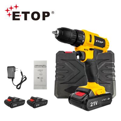 China ETOP 10MM Force Factory Support OEM Two Batteries 21V Cordless Drill Set 8/10/25 (Screw/Steel/Wood) for sale