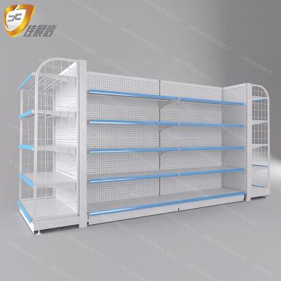 China Supermarket Double Sided Steel Wooden Shelves Grocery Store Display Gondola Cosmetic Shelf for sale