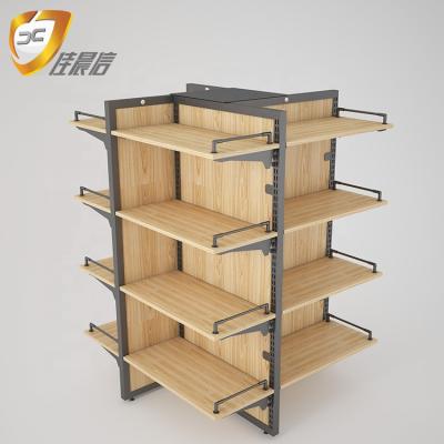 China Double Sided Steel Wooden Food Display Rack Supermarket Food Shelves for sale