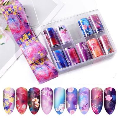 China Nail Art Decorations 10 Pcs/Polish Art Transfer DIY Gel Manicure Decoration Accessory 4*120cm Flower Starry Nail Box Laser Sky Sticker Decals 4*120cm for sale