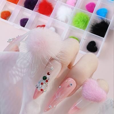 China Nail Art Design Mixed Pompoms Plush 3D Heart Ball Nail Supplies Art Manicure Design Accessories Decorations Detachable Magnet Fluffy for sale