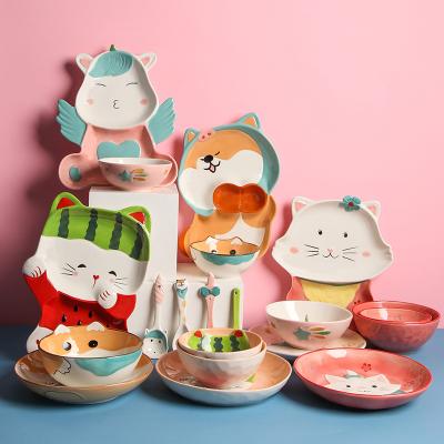 China Viable Japanese Household Under Glazed Cute Cartoon Animal Design Kids Children Dinnerware Set Tray Ceramic Bowl Dish Set for sale