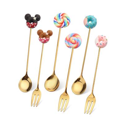 China Creative Viable Style and Stainless Steel Fork Set SYL Animal Spoon Donut Teaspoon Fruit Dessert Fork for sale