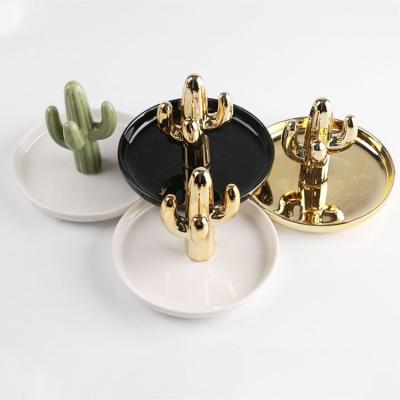 China Cactus Luxury Nordic Ceramic Creative Decorative Holder Crafts Tray Jewelry Tray Organizer Necklace Ring Display Desktop Dish for sale