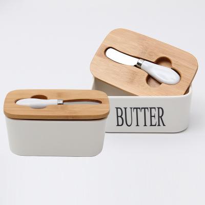 China SYL Sustainable Butter Sealing Box Butter Dish Nordic Ceramic White With Lid And Knife Cheese Tray Butter Dish Wooden Storage for sale