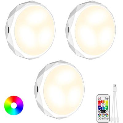 China Dimmable LED Puck Lights with Remote, 16 Colors Changing Under Cabinet Lights, Battery Operated Dimmable Cabinet Lights Wireless Sync for sale