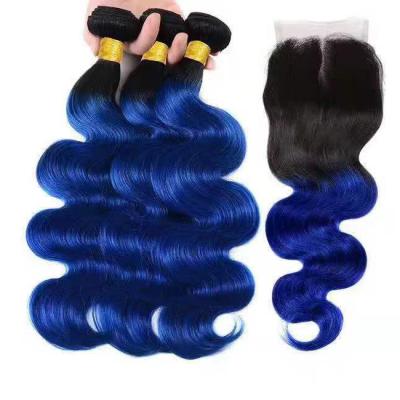 China Wholesale Blue Tone 1B Human Hair Two Ombre Silky Straight Wave Factory Hair Bundles With Lace Closure for sale