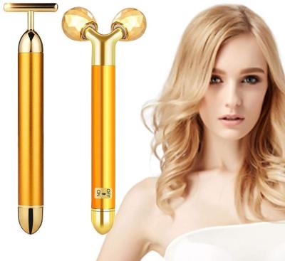 China Skin Rejuvenation Energy Beauty Roller Bar 24k Vibrating Face Roller Massager Anti Wrinkle Skin Care Gemstone Roller Set Golden Facial Box for sale