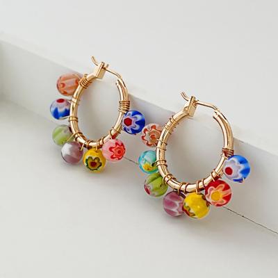 China CLASSIC CLASSIC Vintage 14K Gold Plated Brass Colorful Beads Hoop Earrings For Women Jewelry for sale